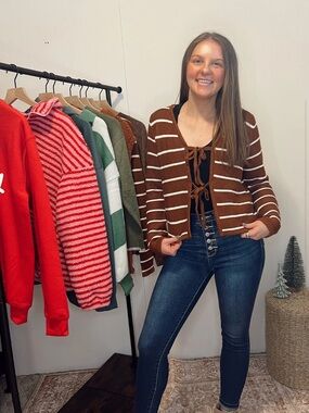 Striped Tie-Front Brown Women's Sweater Cardigan